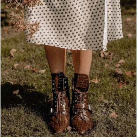 ALLSAINTS Katy Croc Ankle Boots Leather Lace Up Buckle Pointed Toe Heeled, Brown - Picture 3 of 14